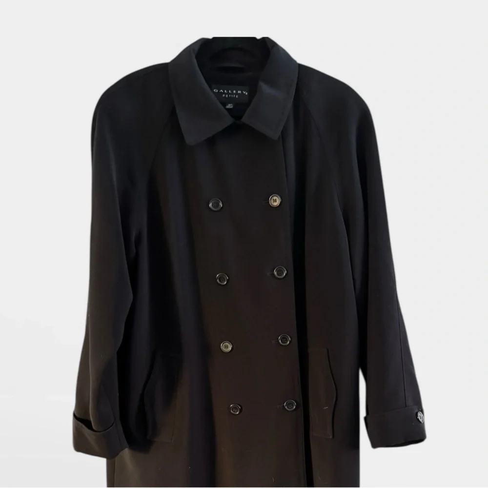 Vintage Gallery Long Black Classic Double Breasted Capsule Trench Coat Size 16P - Picture 3 of 11